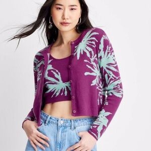 Future Collective Palm Tree Graphic Cardigan Sweater NWT Purple M